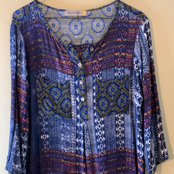 Figueroa & Flower Printed/Pleated Top Size M Long Flowing Used - Picture 2 of 6